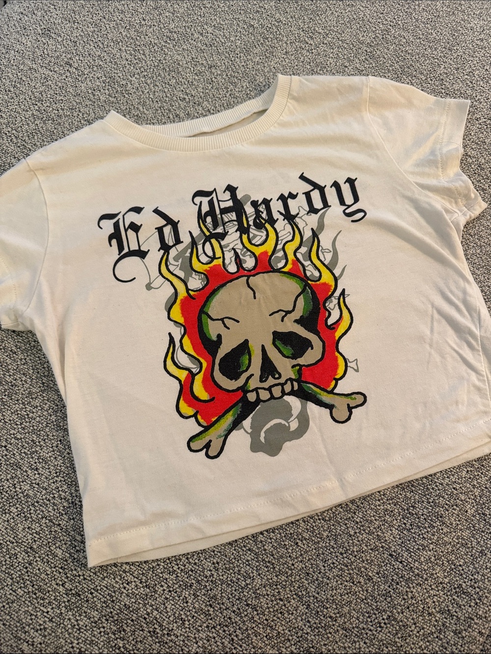 Ed Hardy White Kids Short Sleeve Tee with Flaming Skull Graphic